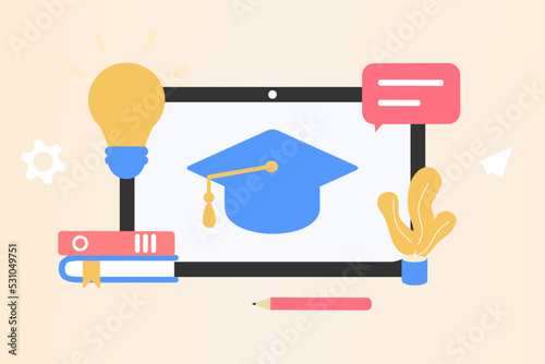 Modern  Online Education for banner website. Page template vector illustration of e-learning, internet course, application learning, university studies, classroom, tutorial, library on computer.