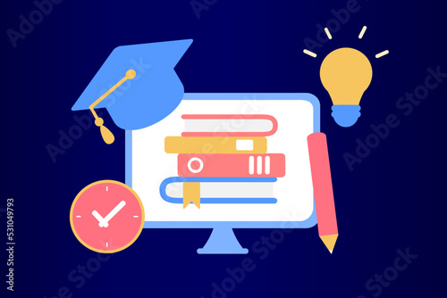 Concept of e-learning, digital library, e-book, classroom, tutorial and online courses application. Online education, university studies and back to school. Flat vector illustration.