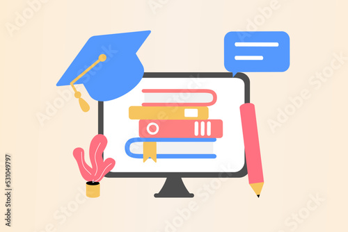 Concept of e-learning, digital library, e-book, classroom, tutorial and online courses application. Online education, university studies and back to school. Flat vector illustration.