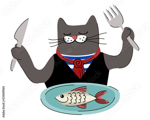 Cat with knife and fork is sitting near a plate of fish. Vector illustratioin on white background. photo