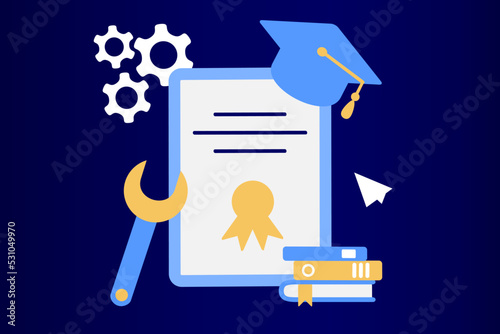 Vocational specialists graduating and diploma with graduation cap. Vocational education, trade school, professional learning, online vocational education concept. Flat modern vector illustration.