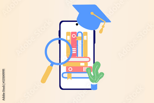 Concept of e-learning, digital library, e-book, classroom, tutorial and online courses application. Online education, university studies and back to school. Flat vector illustration.