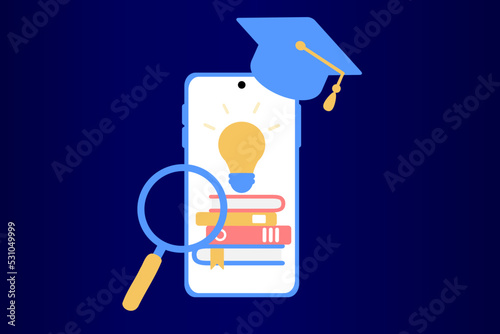 Concept of e-learning, digital library, e-book, classroom, tutorial and online courses application. Online education, university studies and back to school. Flat vector illustration.