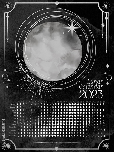 Dark Vertical Lunar Calendar of 2023 for Northern Hemisphere. Moon calendar with watercolor moon and silver elements photo