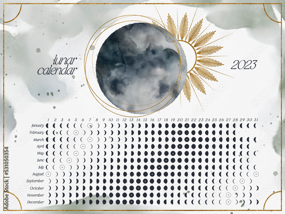 Horizontal Lunar Calendar 2023 for Northern Hemisphere. Moon Calendar with watercolor lunar