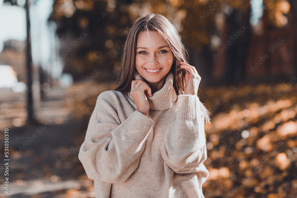 Φωτογραφία Photo of lovely brown hairdo young lady walk in park wear sweater at the street