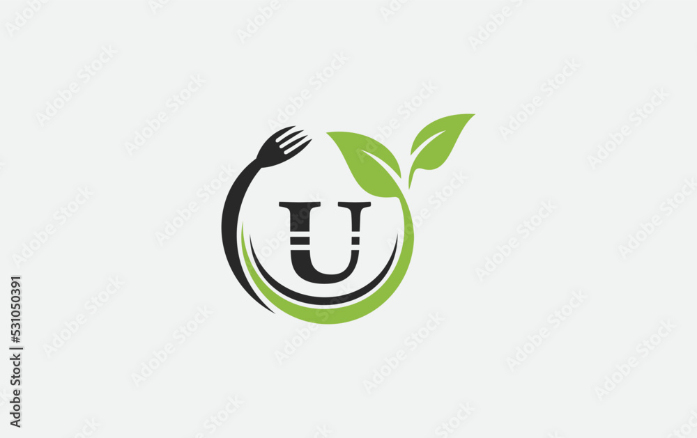 Green leaf nature with spoon and healthy logo design vector spoon fork and leaf Green leaf nature with spoon and healthy logo design vector spoon fork and leaf