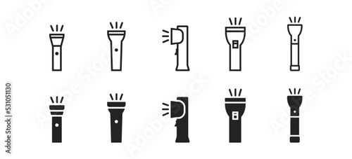 Flashlight icon set on light background. Portable tool. Flash symbol. Light concept. Pocket outdoor torch. Vector illustration.
