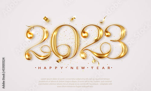2023 Happy new year elegant banner with falling confetti on bright background