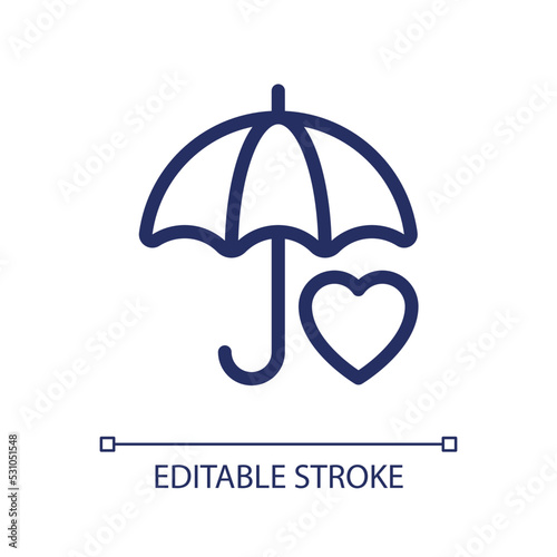 Health insurance pixel perfect linear ui icon. Medical coverage and aid. Risk prevention. GUI, UX design. Outline isolated user interface element for app and web. Editable stroke. Arial font used