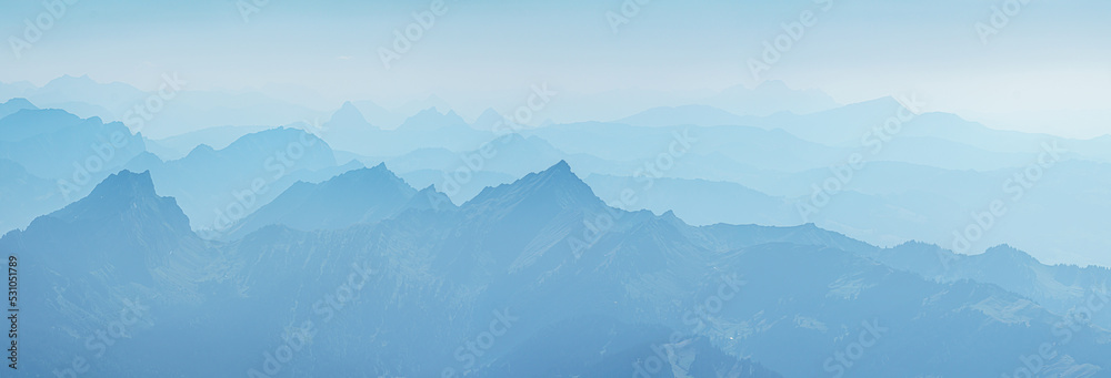 Switzerland, Panoramic view of Foggy Misty Alps at dawn, from Santis