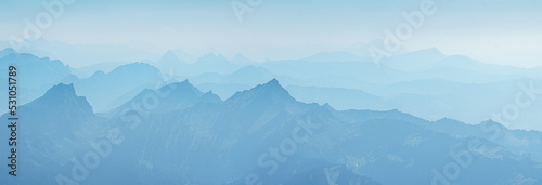 Switzerland, Panoramic view of Foggy Misty Alps at dawn, from Santis