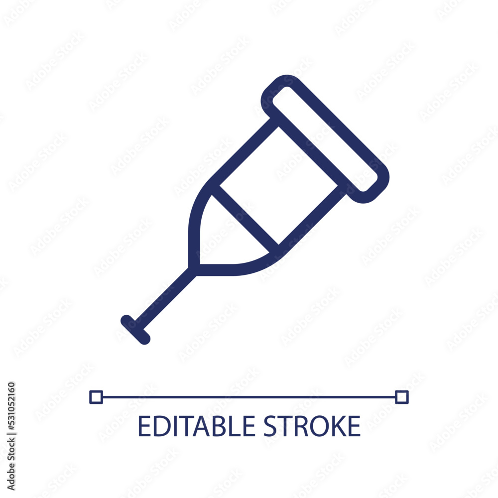 Crutch pixel perfect linear ui icon. Orthopedic device. Injured leg support. Rehabilitation. GUI, UX design. Outline isolated user interface element for app and web. Editable stroke. Arial font used Crutch pixel perfect linear ui icon. Orthopedic device. Injured leg support. Rehabilitation. GUI, UX design. Outline isolated user interface element for app and web. Editable stroke. Arial font used
