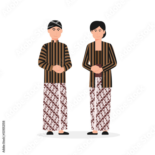 Javanese man and woman wearing traditional dress from  java indonesia character vector illustration flat design, indonesian traditional wedding dress template