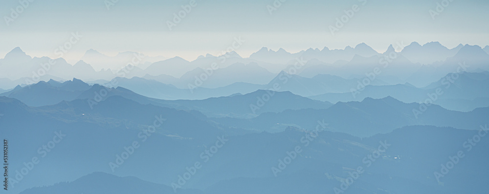 Switzerland, Panoramic view of Foggy Misty Alps at dawn, from Santis Switzerland, Panoramic view of Foggy Misty Alps at dawn, from Santis