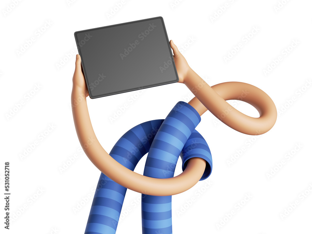 3d illustration, tangled arms, cartoon flexible hands hold digital ...