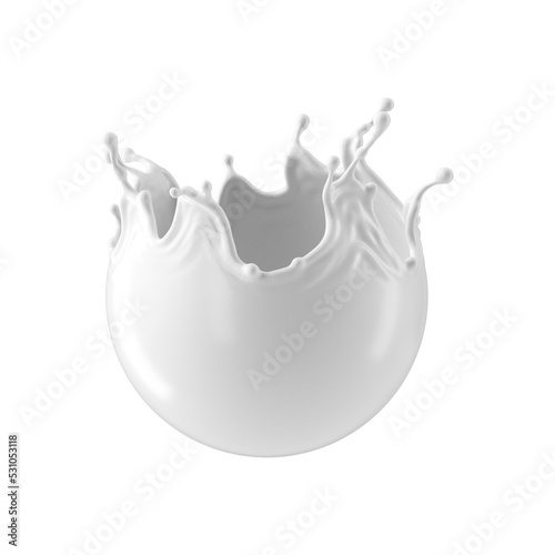 3d render, round milk splash isolated on blue background. White paint splashing. Liquid spherical clip art.