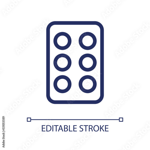 Pills in blister pack pixel perfect linear ui icon. Oral medication. Drug prescript. GUI, UX design. Outline isolated user interface element for app and web. Editable stroke. Arial font used