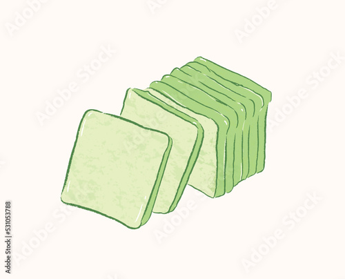 Sliced square matcha toast in vector flat illustration