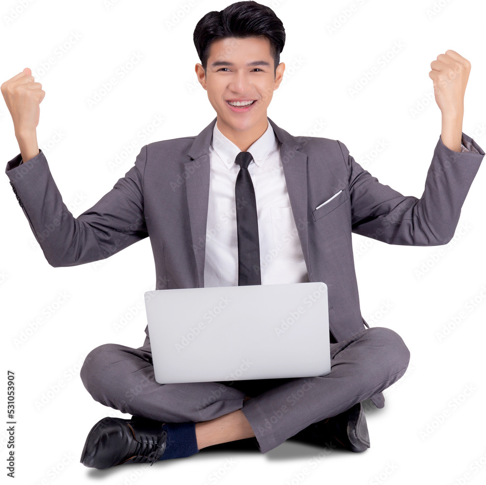 Young asian business man sitting work on laptop computer to internet online isolated png transparent file, businessman confident and notebook, freelance with success, marketing and communication.