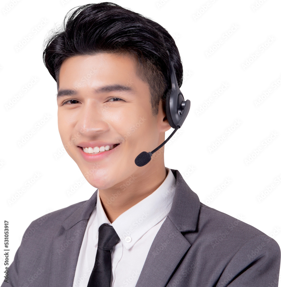 Portrait young asian business man call center wearing headset isolated png transparent file, agent with support and service, businessman is assistant for client with phone or helpline online. Portrait young asian business man call center wearing headset isolated png transparent file, agent with support and service, businessman is assistant for client with phone or helpline online.