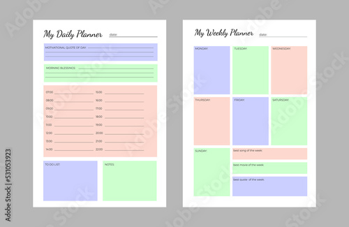 SET Planners Template of personal daily and weekly plan, monthly, weekly planner and Trendy colors. Planner weekly and monthly