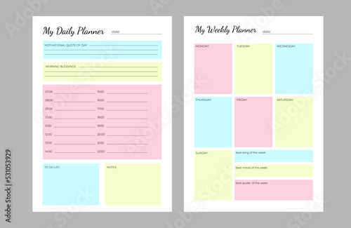 SET Planners Template of personal daily and weekly planner, weekly plan and Trendy pastel colors. Weekly planner daily planner. Modern pastel planner