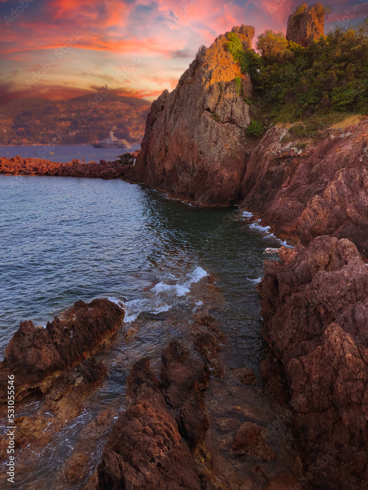 rocky island at beautiful sunset, paradise scene