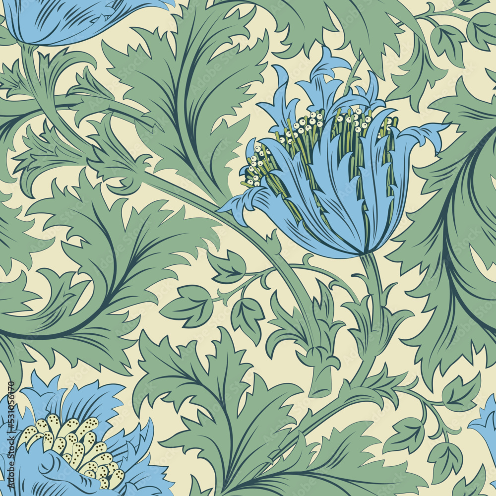 Floral seamless pattern with big blue poppy with green foliage on light background. Pastel colors. Vector illustration.