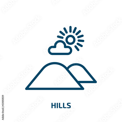 hills icon from nature collection. Thin linear hills, hill, mountain outline icon isolated on white background. Line vector hills sign, symbol for web and mobile