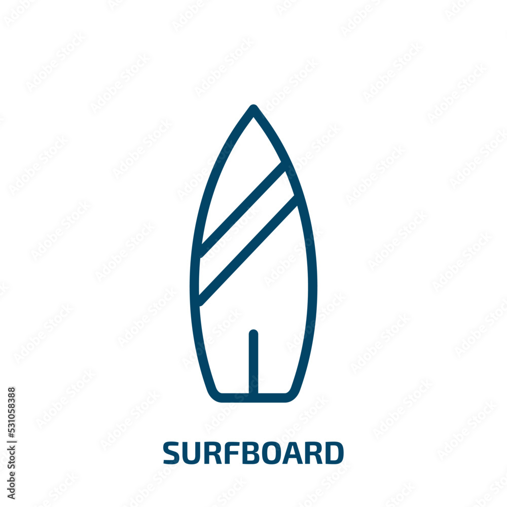 surfboard icon from nautical collection. Thin linear surfboard, surfing, vacation outline icon isolated on white background. Line vector surfboard sign, symbol for web and mobile surfboard icon from nautical collection. Thin linear surfboard, surfing, vacation outline icon isolated on white background. Line vector surfboard sign, symbol for web and mobile