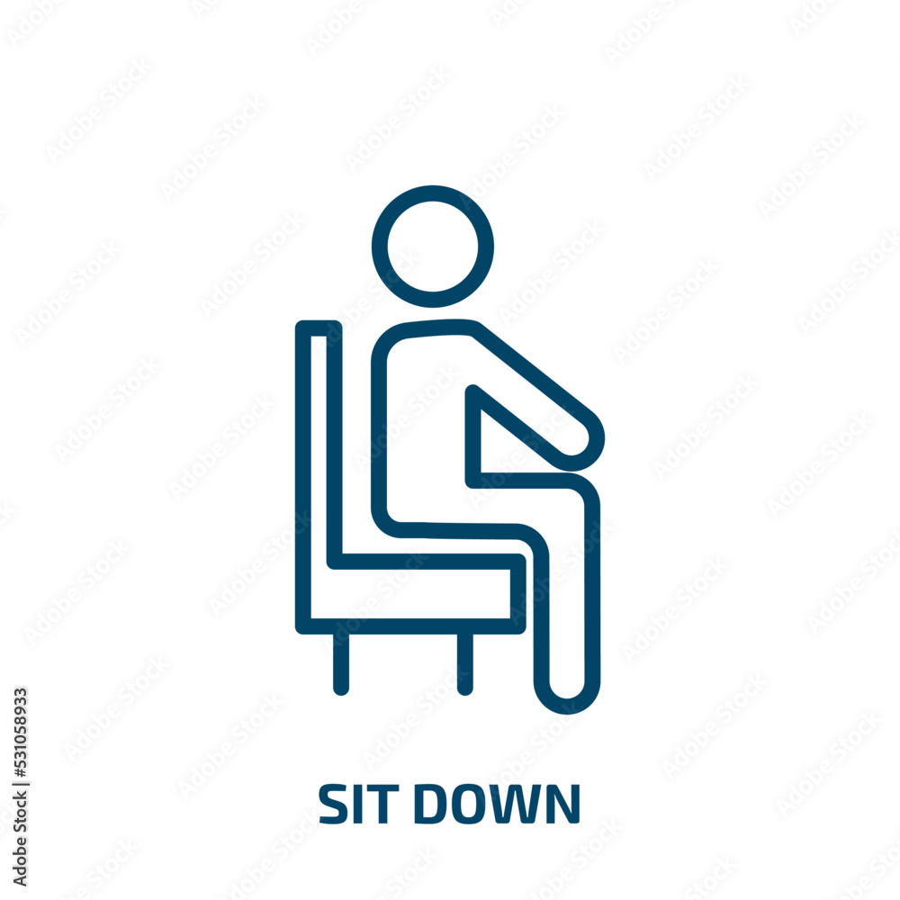 sit down icon from people collection. Thin linear sit down, people, man outline icon isolated on white background. Line vector sit down sign, symbol for web and mobile sit down icon from people collection. Thin linear sit down, people, man outline icon isolated on white background. Line vector sit down sign, symbol for web and mobile