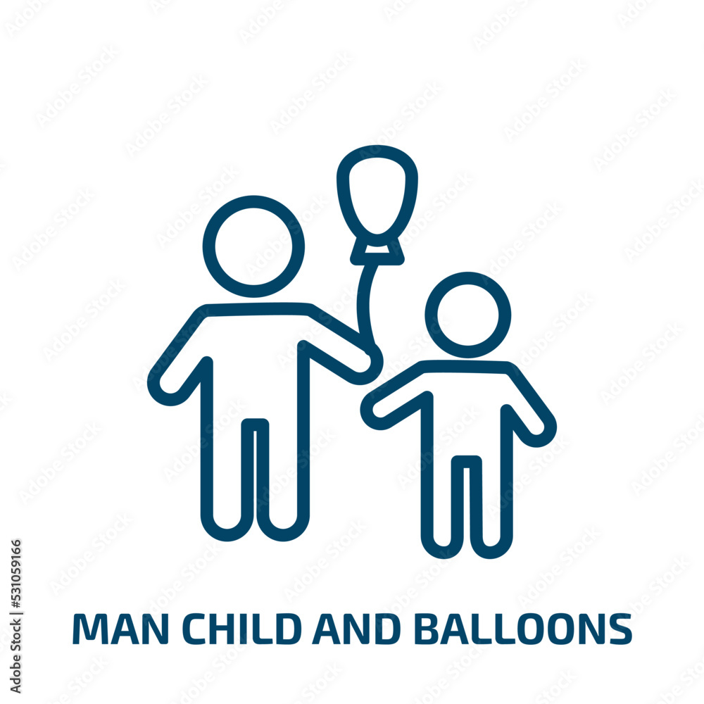 man child and balloons icon from people collection. Thin linear man child and balloons, man, happy outline icon isolated on white background. Line vector man child and balloons sign, symbol for web
