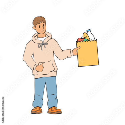 Friendly young man, courier. He holds a bag of groceries in his hand. Smiling and showing thumbs up. The concept of fast food delivery to your home. Modern stock vector illustration of food delivery.