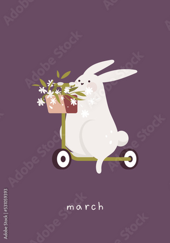 Card with rabbit. Cute bunny rides a scooter with flowers in a basket. Month March.