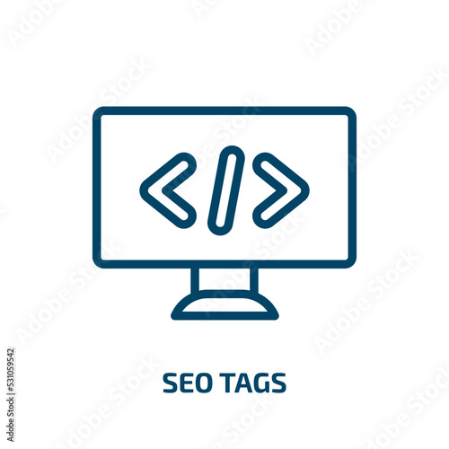 Free Download seo tags icon from programming collection. Thin linear seo tags, seo, business outline icon isolated on white background. Line vector seo tags sign, symbol for web and mobile - GFXLoad
