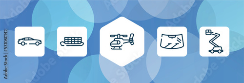 transporters outline icon set isolated on blue abstract background. thin line icons such as car side view, container ship side view, helicopter side view, windscreen, aerial lift vector. can be used