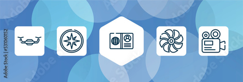 vacation outline icon set isolated on blue abstract background. thin line icons such as unmanned, compass with cardinal points, open passport, ventilation, camera recorder vector. can be used for
