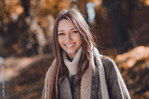 Fotografie, Tablou Close up portrait photo of nice adorable lady good mood fresh air september octo