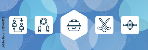 gym outline icon set isolated on blue abstract background. thin line icons such as substitution, handgrip, tackle box, field hockey, electric unicycle vector. can be used for web and mobile.