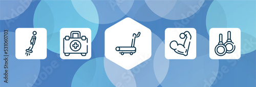 sports outline icon set isolated on blue abstract background. thin line icons such as flyboard, emergencies, treadmill hine, muscular, gymnastic rings vector. can be used for web and mobile.