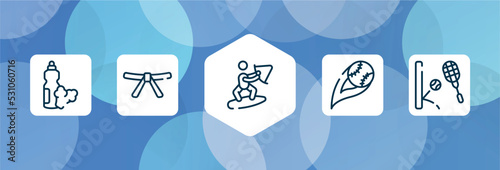 sports outline icon set isolated on blue abstract background. thin line icons such as food and drink, black belt, wakeboarding, strike, squash vector. can be used for web and mobile.