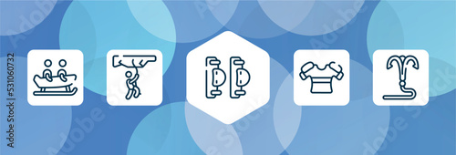 martial arts outline icon set isolated on blue abstract background. thin line icons such as bobsledding, rappel, elbow pads, armour, grappling hook vector. can be used for web and mobile.