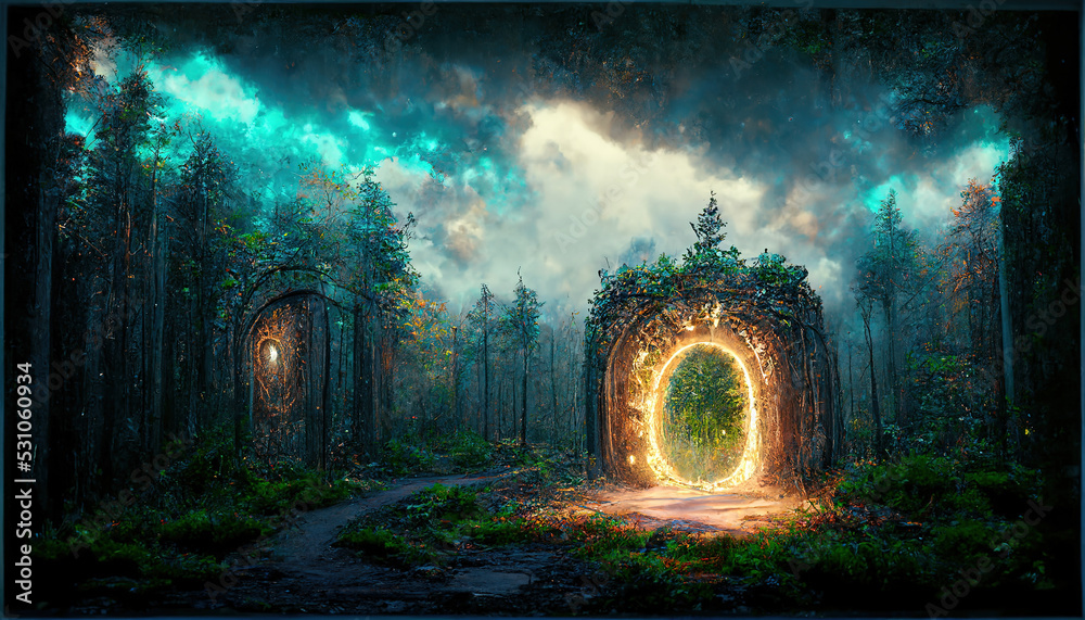 Obraz premium Spectacular fantasy scene with a portal archway covered in creepers. In the fantasy world, ancient magical stone gate show another dimension. Digital art 3D illustration.