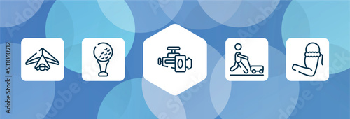 thai boxing outline icon set isolated on blue abstract background. thin line icons such as hang gliding, tee, horsepower, farming and gardening, armband vector. can be used for web and mobile.