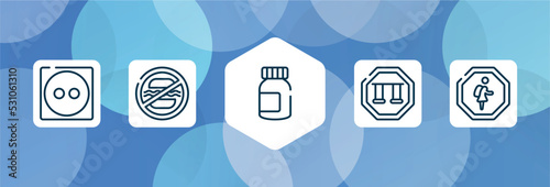 indications outline icon set isolated on blue abstract background. thin line icons such as dry medium heat, food not allowed, pills jar, swings, school zone vector. can be used for web and mobile.