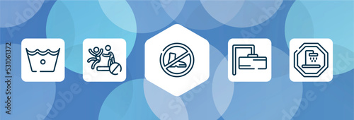 indications outline icon set isolated on blue abstract background. thin line icons such as cold wash, no pushing, no shoes, rectangular, shower place vector. can be used for web and mobile.