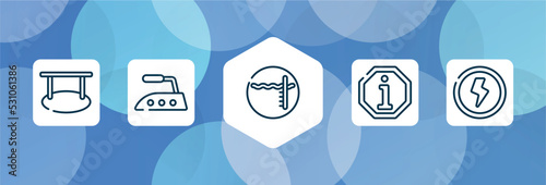 indications outline icon set isolated on blue abstract background. thin line icons such as hanging, iron high temperature, pool depth, information, shock vector. can be used for web and mobile.