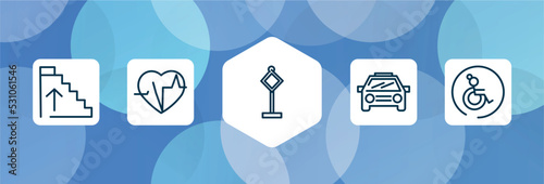 poi public places outline icon set isolated on blue abstract background. thin line icons such as ascending stairs, electrocardiogram inside heart, traffic, car frontal view, wheelchair side view