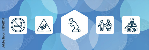 taxi service outline icon set isolated on blue abstract background. thin line icons such as forbidden smoking, wet floot, praying, girl and boy, hackney carriage vector. can be used for web and